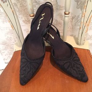 Nina 💃🏻 Satin & Leather Beaded Sling Backs.